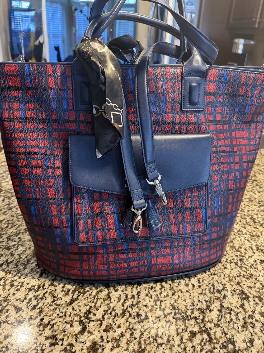 Vera Bradley Red and Navy Plaid Tote with Tassel Accents New Without Tag